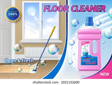 Vector realistic floor cleaner detergent ad template with cleaning mop washing wooden floor in living room background with window. Fresh household bottle with branding.