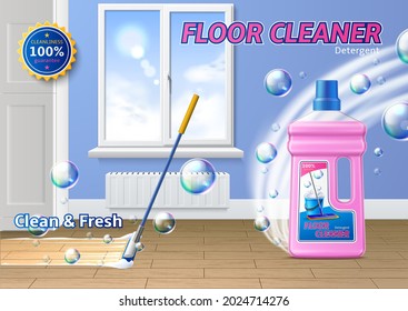 Vector realistic floor cleaner detergent ad template with cleaning mop washing wooden floor in living room background with window. Fresh household bottle with branding.