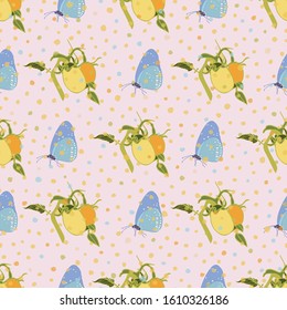 Vector realistic flora butterfly tomato garden repeat pattern with tomato blossom, branch, pastel dot in row. Beautiful summer design for garden lovers. Wildlife background. Print, fabric, stationary.