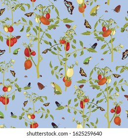 Vector realistic flora butterfly tomato garden repeat pattern with tomato plant and animals. Beautiful summer design for garden lovers and kitchen wear. Wildlife background. Print, fabric, stationary.