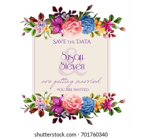 vector realistic flower decorated luxurious marriage square card with elegant floral pattern frame. Isolated template illustration on a white background. Wedding, marriage invitation card design
