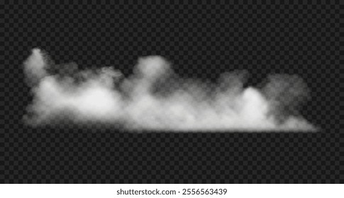 Vector realistic fluffy white cloud, fog or smoke. Foggy steam cloud isolated on transparent background