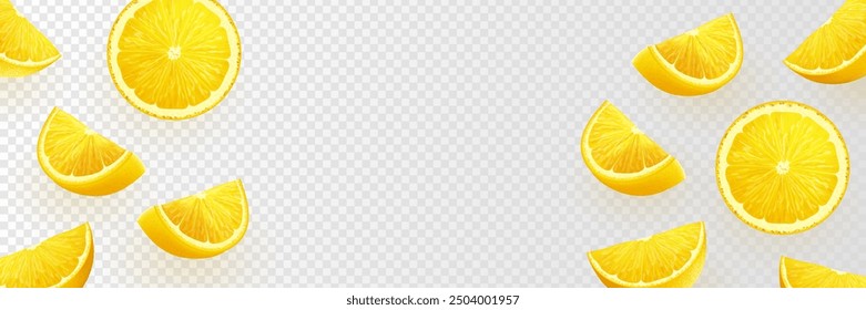 Vector realistic flying lemon fruits on transparent background. Fresh yellow citrus illustration.