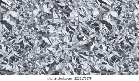 Vector realistic foil texture. Isolated aluminium paper sheet, top view. Crumpled iron surface background. Silver wrapped package pattern. Chrome rough industrial sheet. White glossy glitter wall