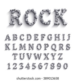 Vector realistic font made of rocks with shadows. Latin alphabet from A to Z and numbers from 1 to 0.