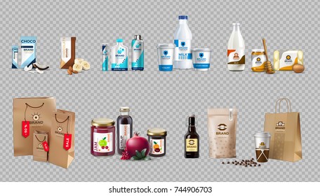 Vector Realistic Food Products Milk and Honey Bottles Set Collet