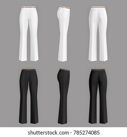 Vector realistic formal trousers for women isolated on gray background. Female flared pants 3d illustration. Set of two models, black and white in front, back and side views. Mockup for your design
