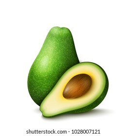 Vektorrealistischer frischer Obstavocado einzeln auf weißem Hintergrund. Ganzes und halbkugeliges Avocado mit Grube schneiden