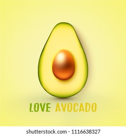 Vector realistic fresh fruit avocado isolated on yellow background with text.Vector illustration