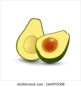 Vektorillustration realistische frische Obstavocado einzeln auf weißem Hintergrund. Ganze und schneiden in halbem Avocado mit Grube. Vektorillustration. 