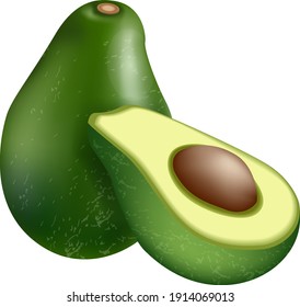 Vector realista aguacate verde fresco entero y medio aislado en fondo blanco
