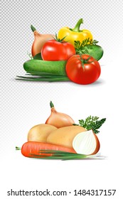 Vector realistic fresh ripe vegetables sets isolated on transparent background, 3d illustration, Tomato, paprika, cucumber, onion, carrot, potato.