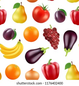 Vector realistic fruits and berries pattern or background illustration. Vegetarian background fresh, berry and eggplant