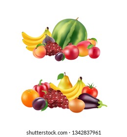 Vector realistic fruits and berries piles set isolated on white background illustration