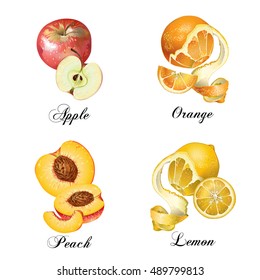 Vector realistic fruits set isolated on white. Peach, lemon, apple, orange. Design for natural cosmetics, candy, ice cream sweets and pasties filled with fruits, diet and health care products.