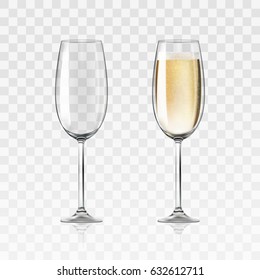 Vector realistic full and empty glasses of champagne, beautiful shining  glass isolated on transparent background with sparkly champagne. EPS 10