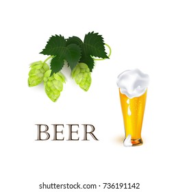 vector realistic full glass of golden lager cool beer with thick white foam mockup and green hop cones, leaves. Ready for your design product packaging. Isolated illustration on a white background.