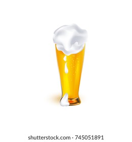 vector realistic full glass of golden lager cool beer with thick white foam mockup closeup. Ready for your design product packaging. Isolated illustration on a white background.