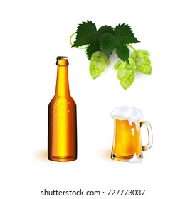 vector realistic full mug, bottle of golden lager cool beer with thick white foam mockup and hop cone with leaves. Ready for your design product packaging. Isolated illustration on a white background.