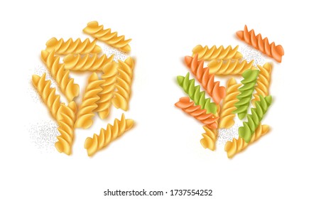 Vector realistic fusilli dry pasta set. Green, yellow orange and black spaghetti, traditional italian cuisine for healthy product, restaurant menu design.