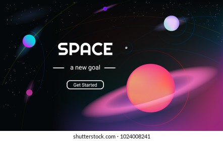 Vector realistic and futuristic space background with bright light planets and stars. Cosmos banner with neon light 3d objects and glowing tracks. Abstract universe with big red planet and promo text