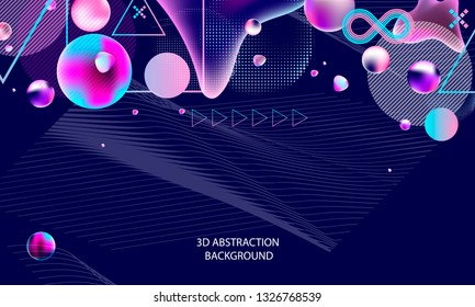 Vector realistic and futuristic space background with bright light planets and stars. Cosmos banner with neon light 3d objects and glowing tracks. Abstract universe with big blue