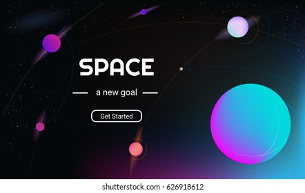 Vector realistic and futuristic space background with bright light planets and stars. Cosmos banner with neon light 3d objects and glowing tracks. Abstract universe with big blue planet and promo text