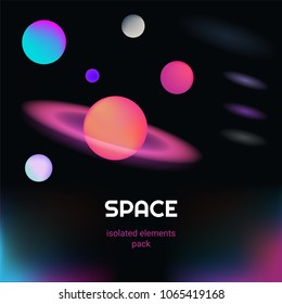 Vector realistic and futuristic space elements set. Cosmos neon light 3d bright light planets and glowing tracks. Template design isolated on black background