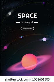 Vector realistic and futuristic space vertical background with bright light planets and stars. Cosmos poster with neon light 3d objects and glowing tracks. Abstract universe with big planet for print