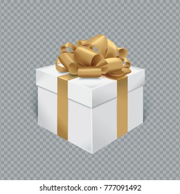 Vector realistic gift box with gold ribbon and bow. Transparent background.
