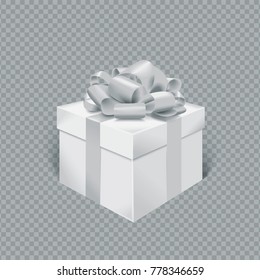 Vector realistic gift box with green ribbon and bow. Transparent background.