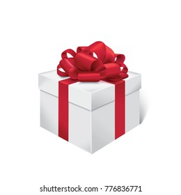 Vector realistic gift box with red ribbon and bow. Object with transparent background, ready to put in your design.