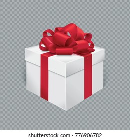 Vector realistic gift box with red ribbon and bow. Transparent background.