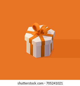 Vector realistic gift. Isometric hexagon gift box with orange ribbon and bow on orange background.