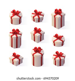 Vector realistic gifts set. Isometric gift boxes with red ribbon and bow on white background.