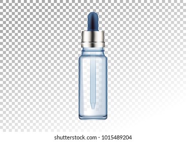 Vector realistic glass bottle for drops. Cosmetic vials for oil, liquid essential, collagen serum. Mock up vector illustration isolated on white-transparent background. In blue color.