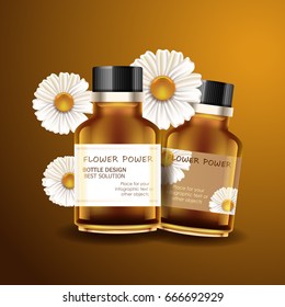Vector realistic glass bottles with chamomile and best care liquid