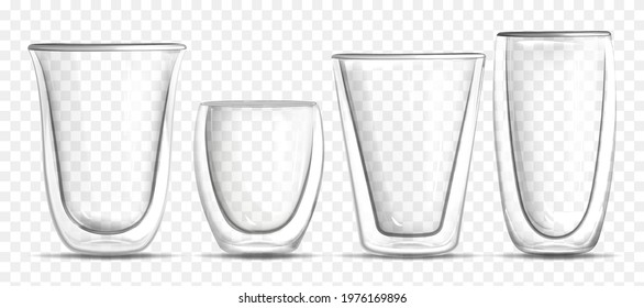 Vector realistic glass empty different shapes cup on transparent background. 3d glassware for hot drinks, water, juice, bar beverage and alcohol. Template for branding, advertising or product design.