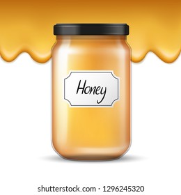 Vector realistic glass jar with honey and flowing honey border in the background