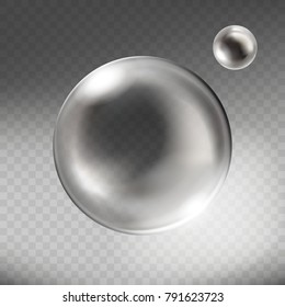 Vector realistic glass silver sphere. Glossy empty crystal globe, bubble, pearl with reflections, grey transparent background illustration. Shiny 3d magic abstract circle orb for decoration design.