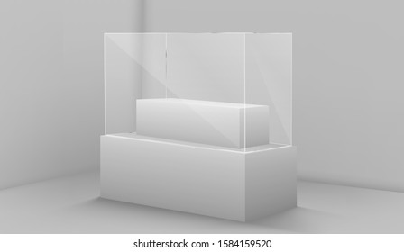 Vector Realistic Glass Square Showcase. Empty Glass Box On A White Podium