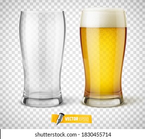 Vector realistic glasses of beer on transparent background