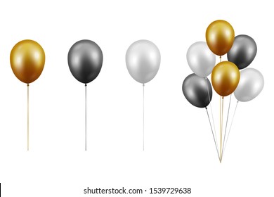 Vector Realistic Glossy Metallic Gold, Black, White Balloon Set Closeup Isolated on White Background. Bunch, Group. Design Template of Translucent Helium Baloons, Mockup, Anniversary, Birthday Party