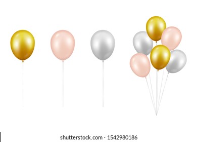 Vector Realistic Glossy Metallic Golden, Pink, White Balloon Set Closeup Isolated on White Background. Bunch, Group. Design Template of Translucent Helium Baloons, Mockup, Anniversary, Birthday Party