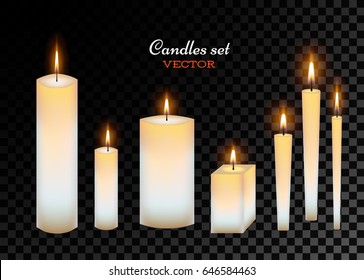 Vector realistic glowing candles collection on dark transparent background. Different shapes and forms. Candle flame, fire. Decoration design element. 