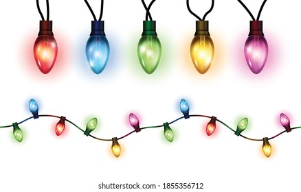 Vector realistic glowing colorful christmas lights in seamless pattern and individual hanging light bulbs isolated on white background