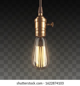 Vector realistic glowing lamp hanging on the wire. Incandescent lamp isolated on transparent background. Electric lightbulb, symbol of creative ideas. Decorative Retro design edison light bulb