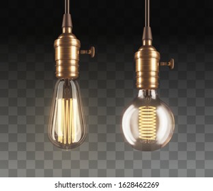 Vector realistic glowing lamp hanging on the wire. Incandescent lamp isolated on transparent background. Electric lightbulb, symbol of creative ideas. Decorative Retro design edison light bulb