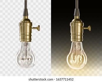 Vector realistic glowing lamp hanging on the wire. Incandescent lamp isolated on transparent background. Electric lightbulb, symbol of creative ideas. Decorative Retro design edison light bulb
