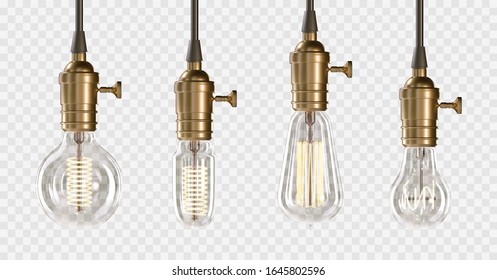 Vector realistic glowing lamp hanging on the wire. Incandescent lamp isolated on transparent background. Electric lightbulb, symbol of creative ideas. Decorative Retro design edison light bulb